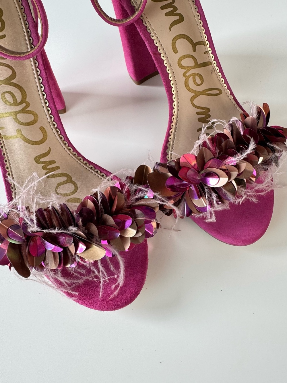 Sam Edelman Yal Heels Pink Suede, Sequins, Feathers Ankle Strap Size 7.5 - Picture 9 of 9